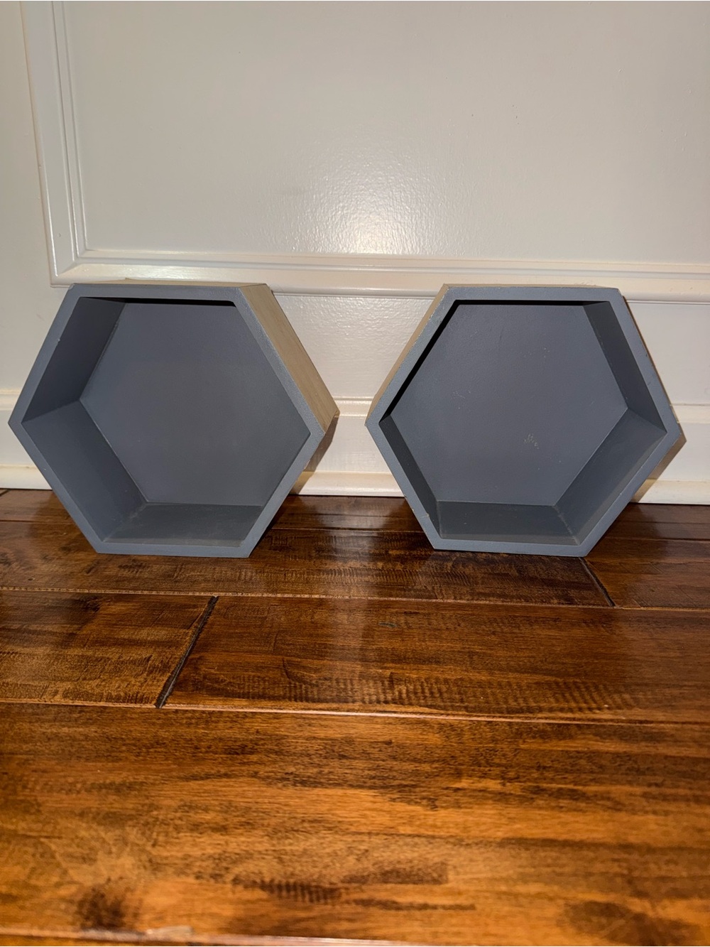 Pair of Wooden Hexagon  shelves Grey Display Shadow Boxes 2